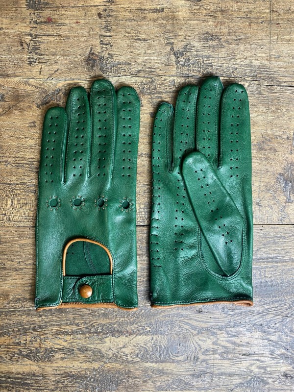 Driving Gloves - LEATHER - Green and Camel