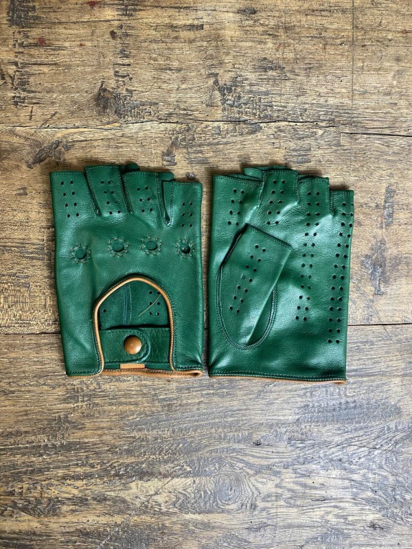 Driving Mittens - LEATHER - Green and Camel