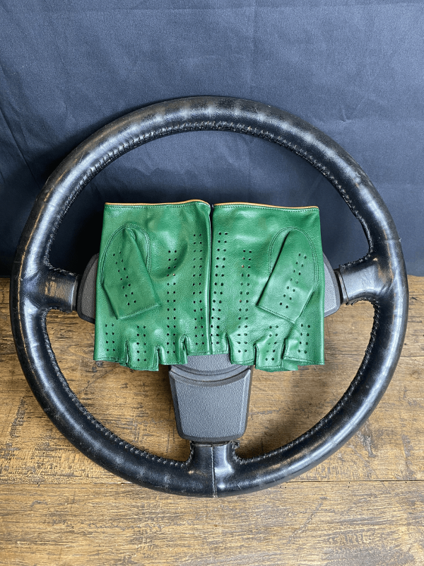 Driving Mittens - LEATHER - Green and Camel