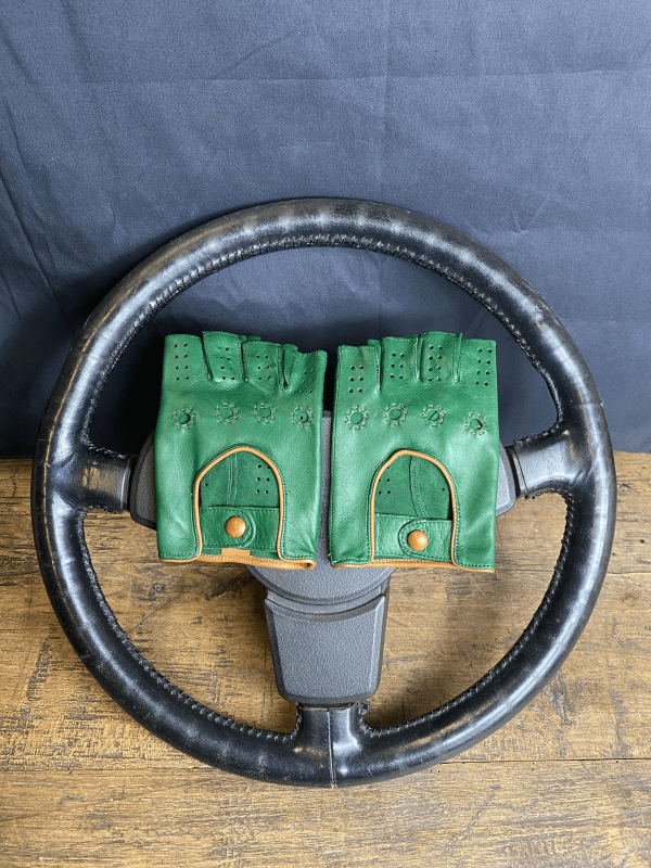 Driving Mittens - LEATHER - Green and Camel