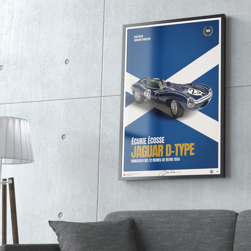 Affiche Jaguar D-Type Ecurie Ecosse – 12h de Reims 1956. Limited edition