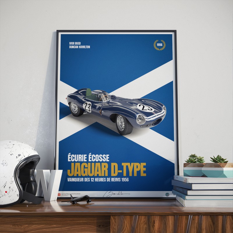 Cartaz Jaguar D-Type Ecurie Ecosse - 12h de Reims 1956. Edição limitada