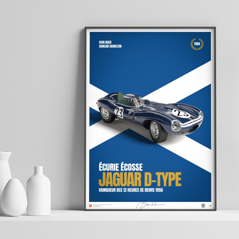 Affiche Jaguar D-Type Ecurie Ecosse – 12h de Reims 1956. Limited edition