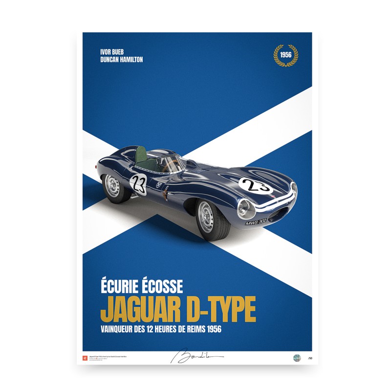 Poster Jaguar D-Type Ecurie Ecosse - 12h di Reims 1956. Edizione limitata