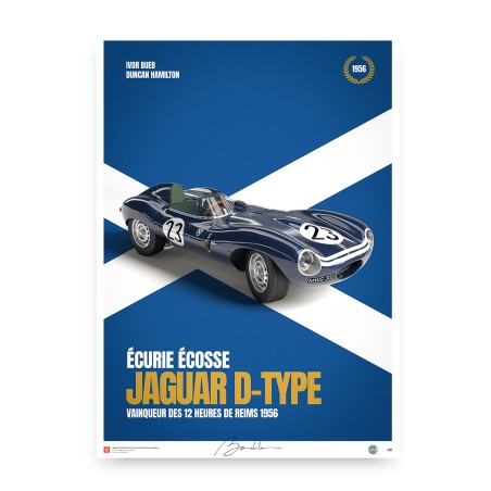 Affiche Jaguar D-Type Ecurie Ecosse – 12h de Reims 1956. Limited edition