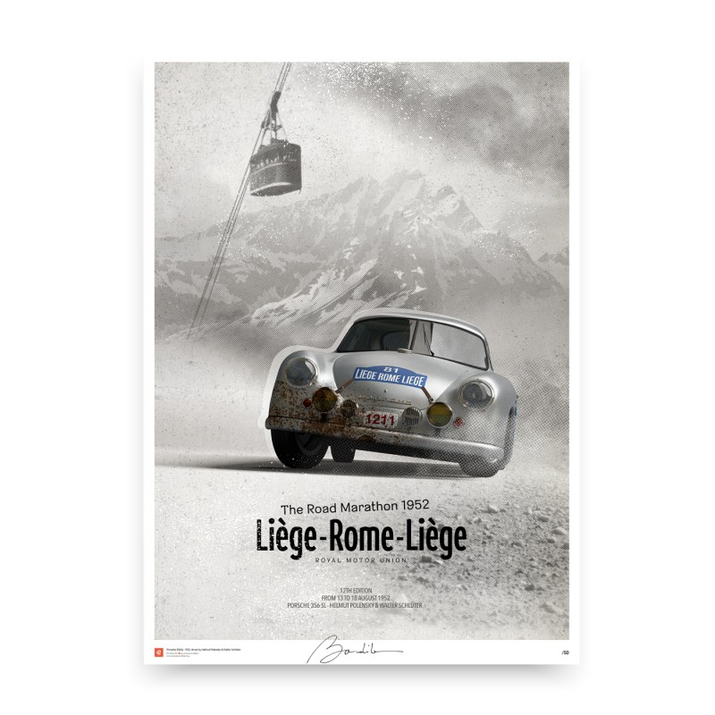 Affiche Porsche 356SL – Helmut Polensky-Walter Schlüter – Liège-Rome-Liège 1952. Limited edition